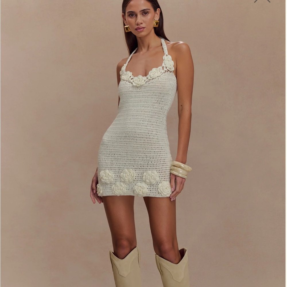 Meshki- Liyah Floral Hand Crochet Mini Dress - Ivory